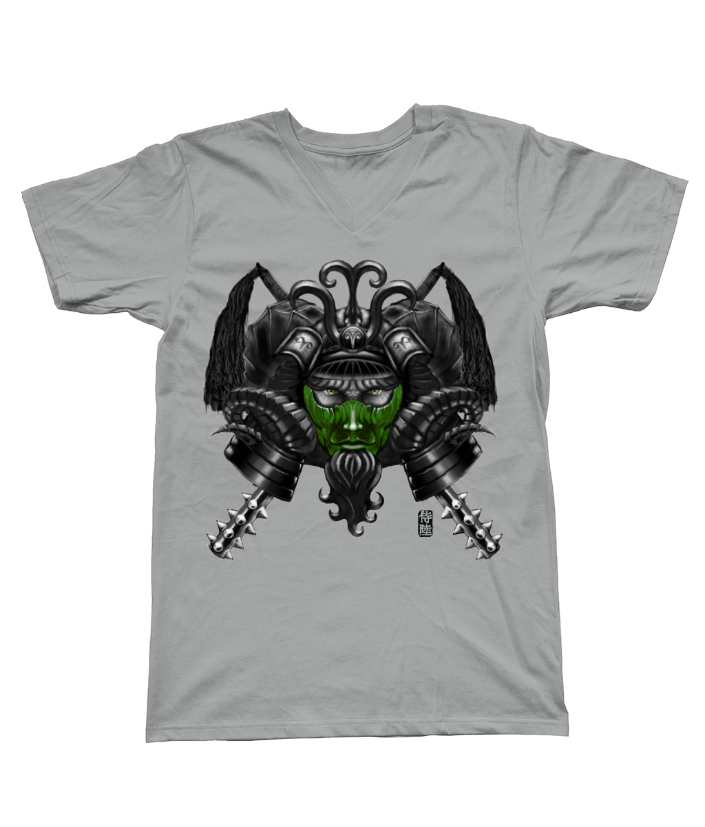 Heather-Grey-Aries-V-Neck-T-shirt-Green-Mask